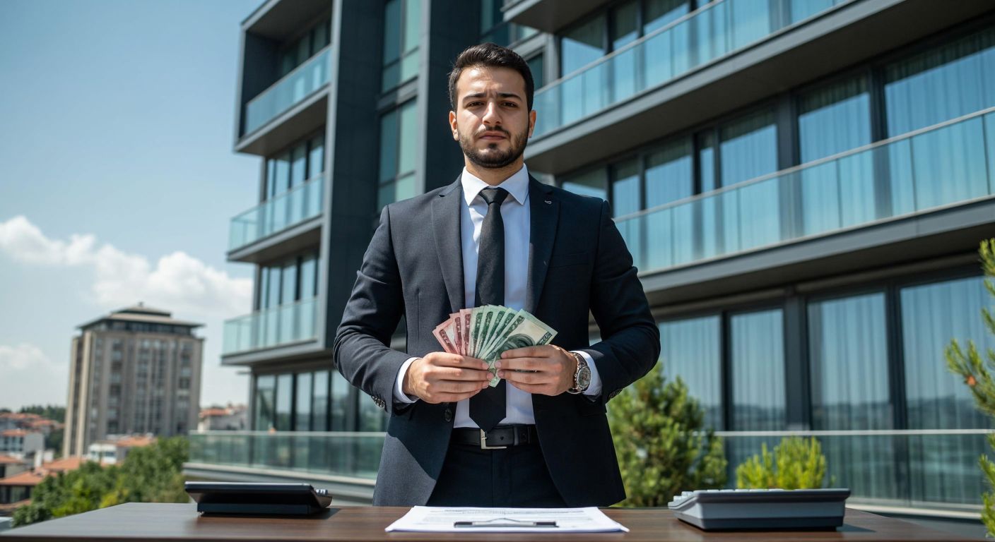 A determined Turkish entrepreneur in a business suit stands confidently in front of a modern office building in Istanbul, holding a stack of Turkish lira banknotes, symbolizing the 300,000 TL capital, while a legal document and a calculator rest on a nearby desk.
