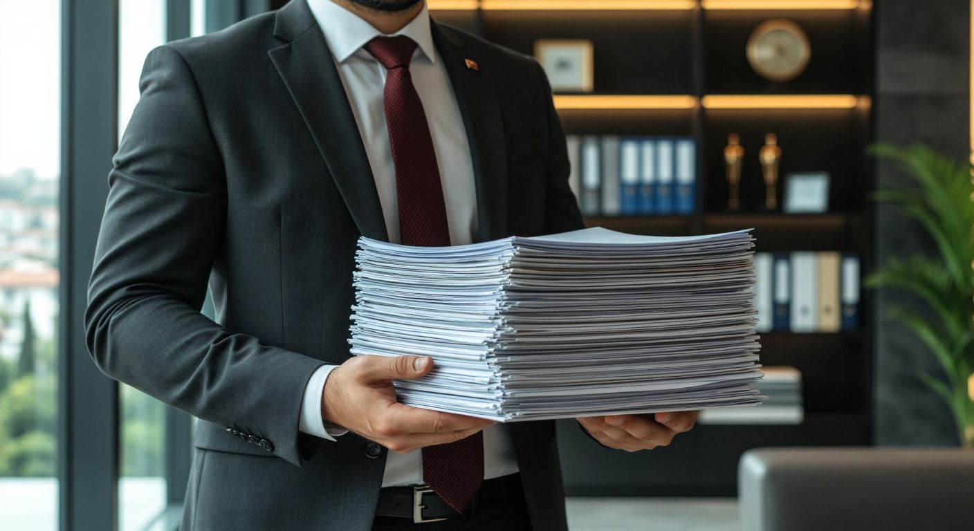 A Turkish businessman in a formal suit confidently hands a stack of neatly organized documents—invoices, permits, and reports—to a government official at a sleek, modern office in Ankara, symbolizing the completion of an investment incentive process.