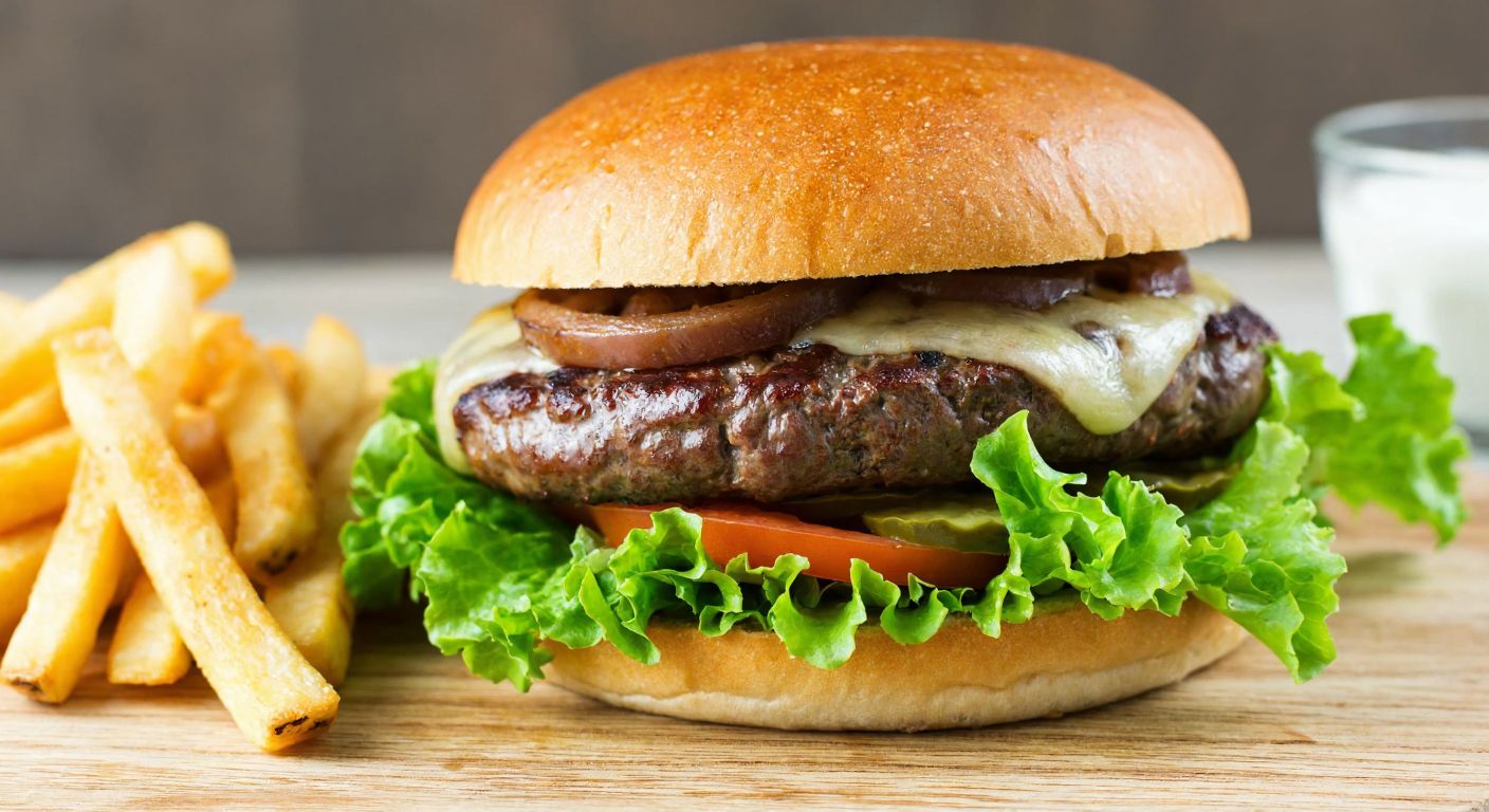 A juicy, grilled steak burger with melted cheese and fresh vegetables on a sesame bun, placed on a wooden table with a side of golden fries and a crisp green salad.
