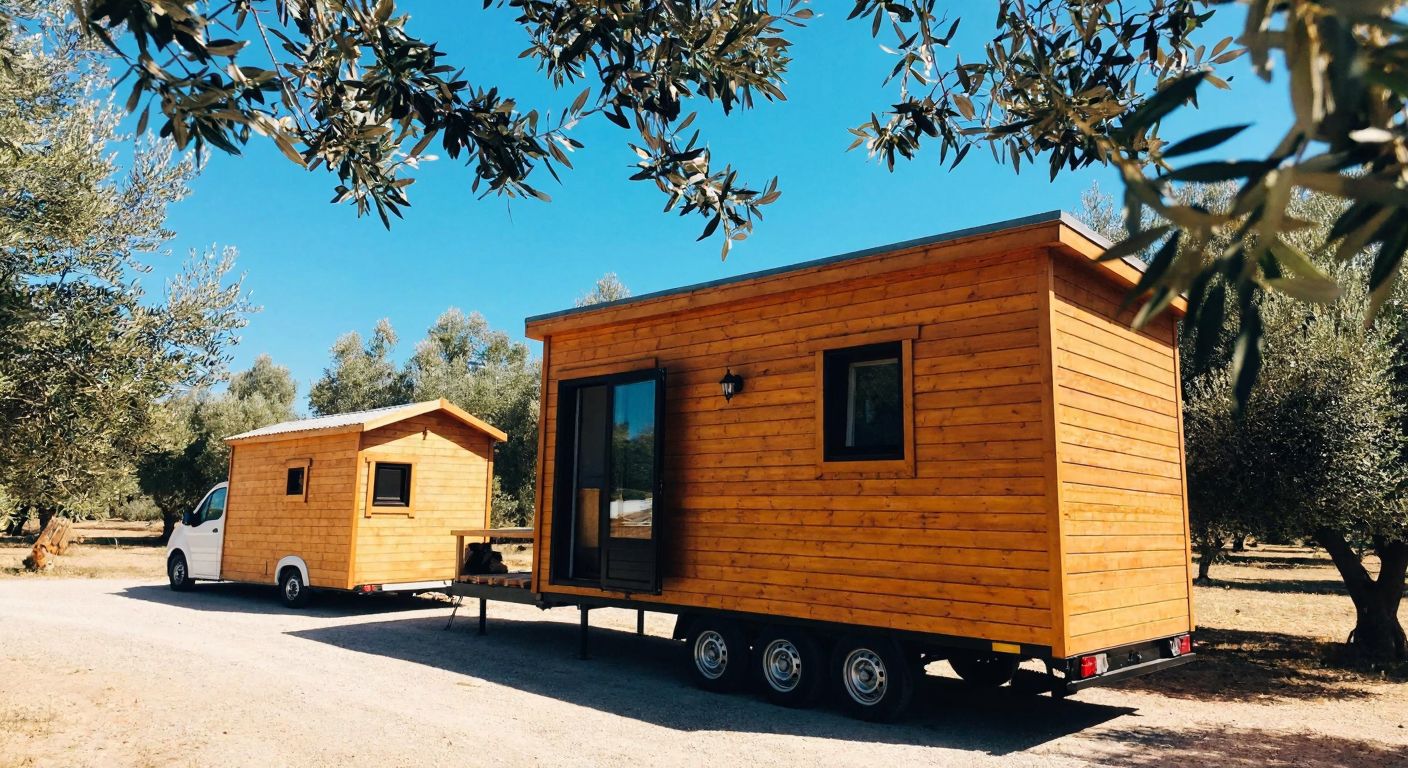 A cozy, compact tiny house on wheels with a wooden exterior parked beside a larger, stationary wooden cabin in a sunny Turkish countryside setting, surrounded by olive trees.
