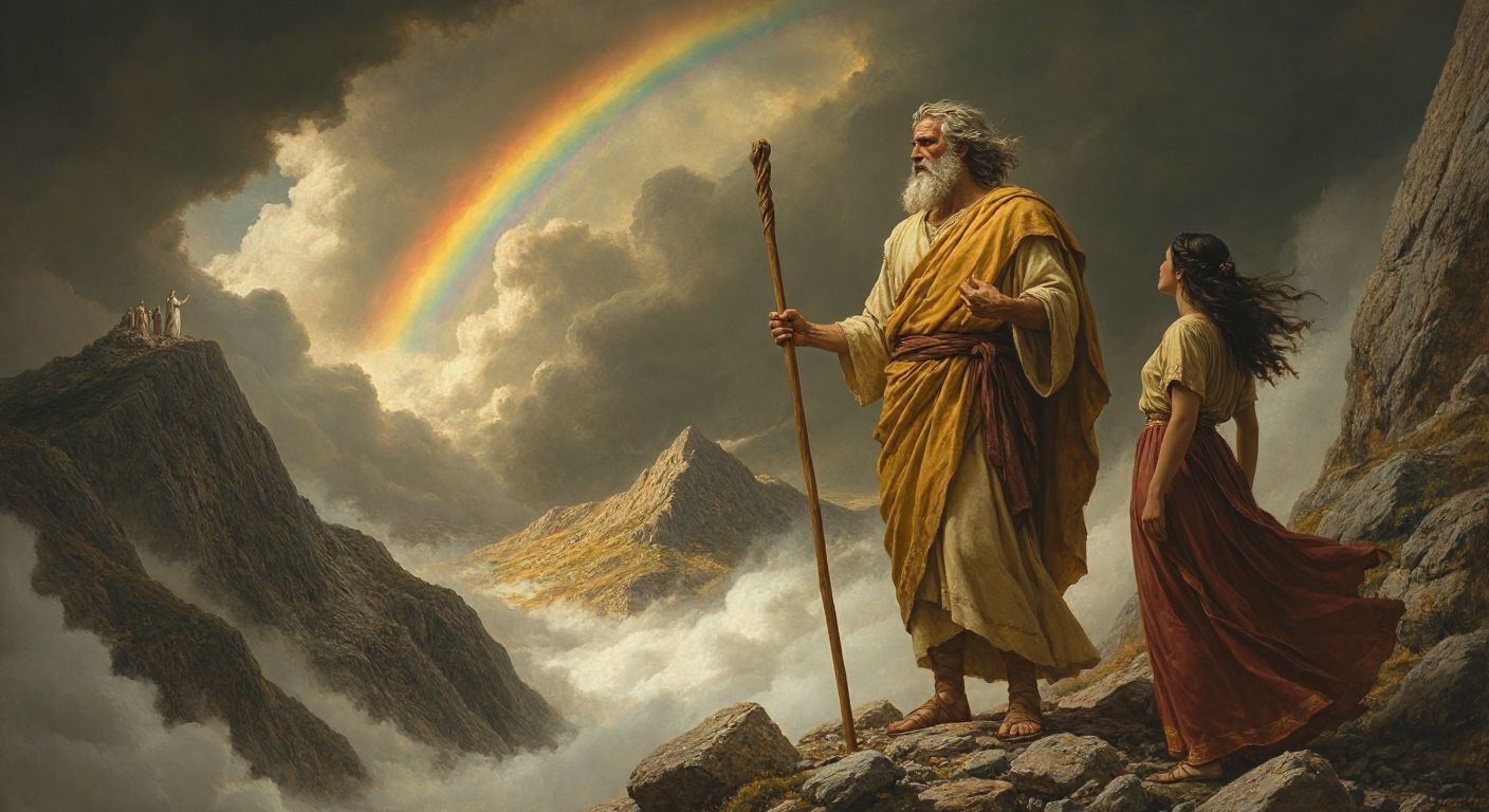 A bearded figure in ancient Greek robes stands atop a stormy mountain, holding a wooden staff while gazing at a distant rainbow, with a woman beside him and scattered stones transforming into people below.  

(Note: The description avoids Turkish cultural context as the query explicitly refers to Greek mythology.)