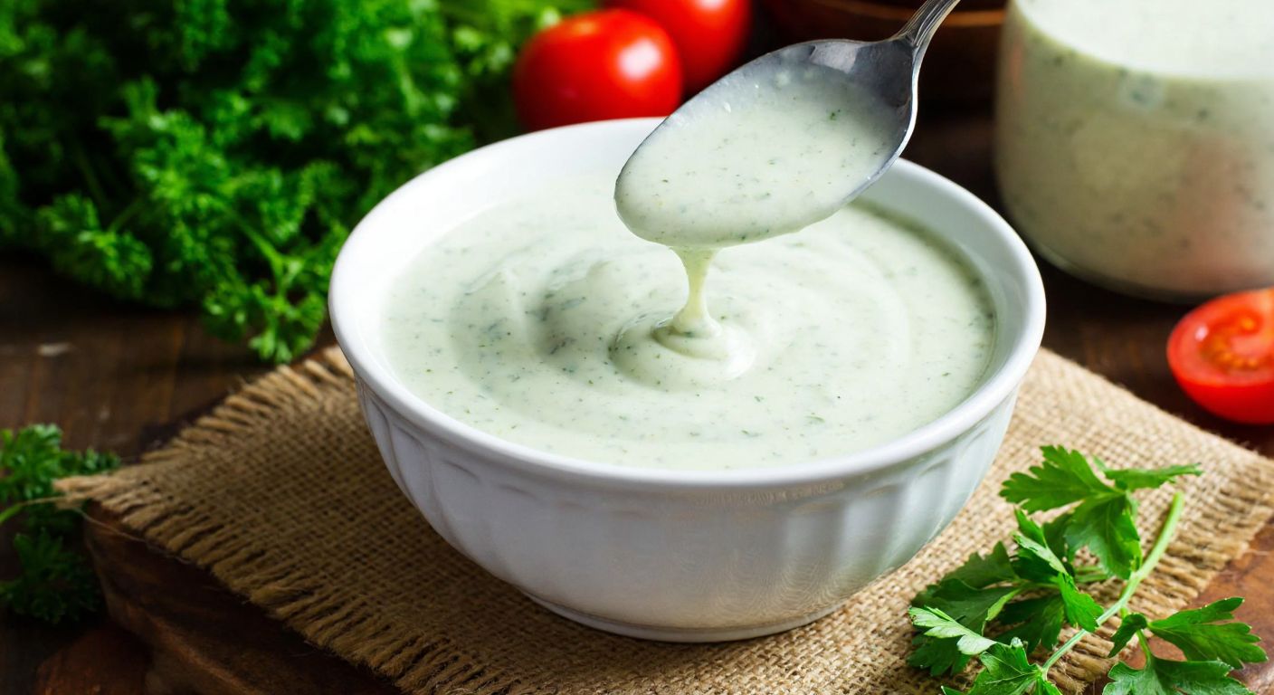 A creamy, smooth ranch sauce in a white ceramic bowl, drizzling slowly from a spoon, surrounded by fresh herbs like dill and parsley on a rustic wooden table in a Turkish kitchen.