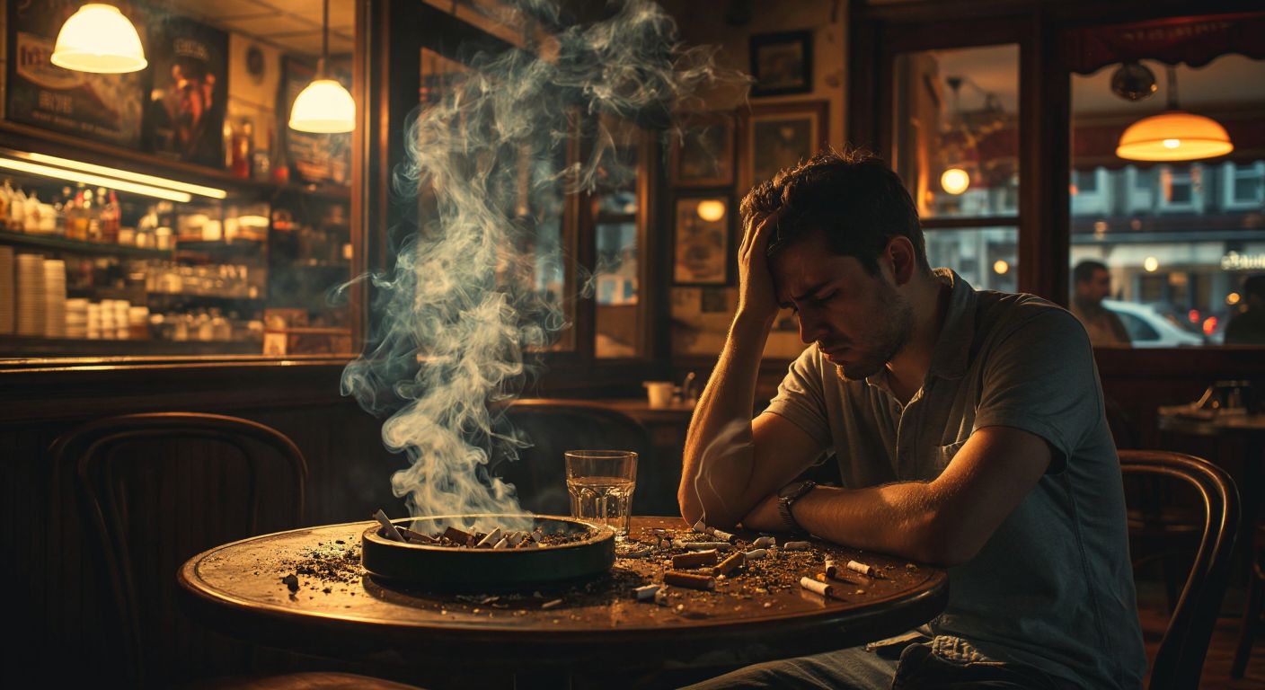 A dimly lit café table with an overflowing ashtray holding half-burnt cigarettes, wisps of smoke curling upward, and a frustrated man in a casual shirt rubbing his temple while staring at the stubborn embers.