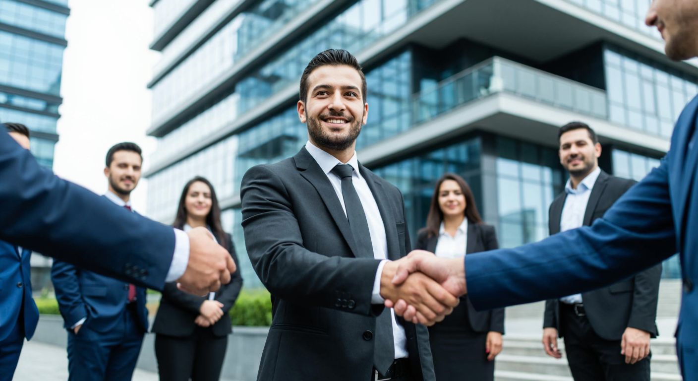 A confident Turkish businessman in a suit shakes hands with multiple insurance company representatives in front of a modern office building in Istanbul, symbolizing partnership and trust.