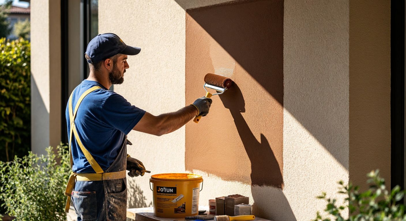 A worker in overalls carefully applying brown exterior paint to a textured wall using a roller, with a bucket of Jotun paint and tools nearby, under the warm sunlight of a Turkish afternoon.