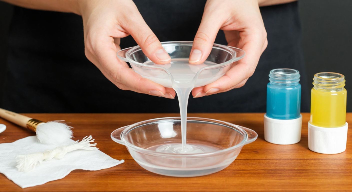 A pair of hands carefully pouring melted clear gel wax into a transparent mold, with a neatly placed wispy white wick and small bottles of optional dye and fragrance nearby on a wooden crafting table.