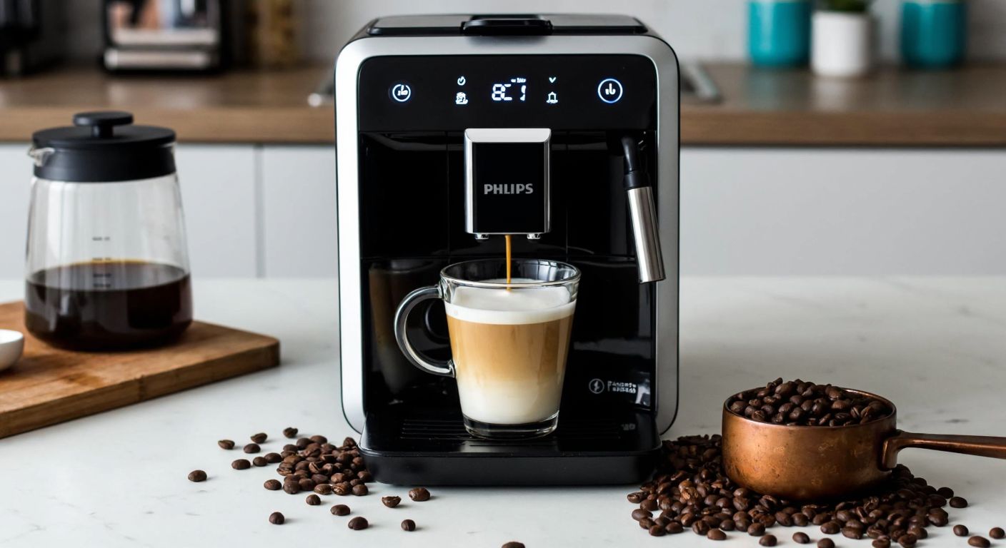 A sleek Philips fully automatic coffee machine sits on a Turkish kitchen counter, steaming with freshly brewed espresso, surrounded by scattered coffee beans and a small cup of creamy latte macchiato.