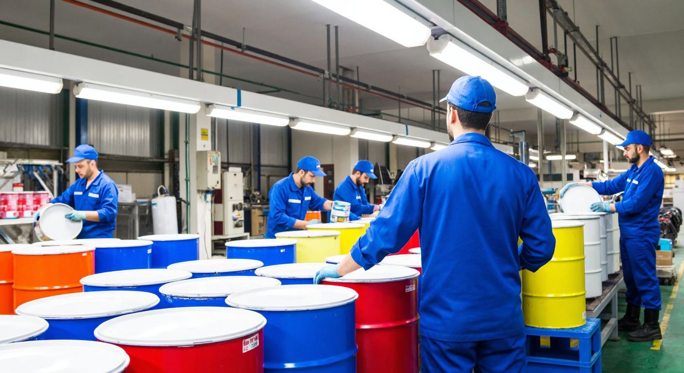 A modern Turkish industrial factory with workers in blue uniforms carefully handling colorful paint cans and chemical barrels under bright fluorescent lights.