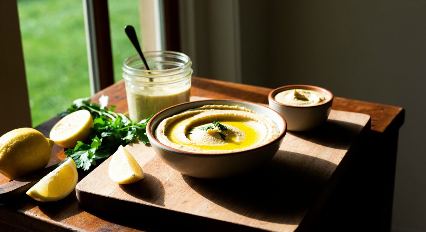 A rustic wooden table in a sunlit Hatay kitchen holds a bowl of creamy hummus drizzled with golden tahini, surrounded by fresh herbs, lemon wedges, and a jar of tahini with a spoon resting inside.