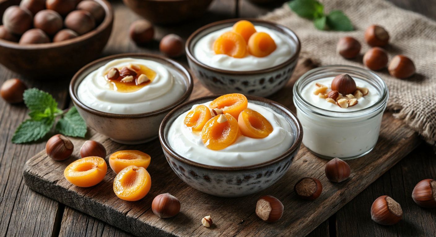 A rustic wooden table in a Turkish kitchen holds three bowls of Eker yogurt—thick and creamy Efsane, a spoonful of probiotic yogurt drizzled with honey, and a small glass jar of süzme yogurt topped with fresh apricot slices, surrounded by scattered hazelnuts and a traditional woven cloth.