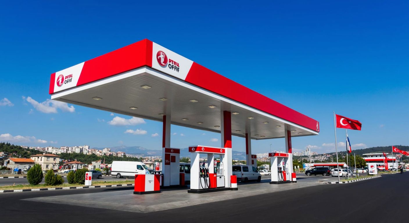 A modern gas station with the Petrol Ofisi logo under a bright blue sky, surrounded by Turkish flags and a bustling cityscape in the background.