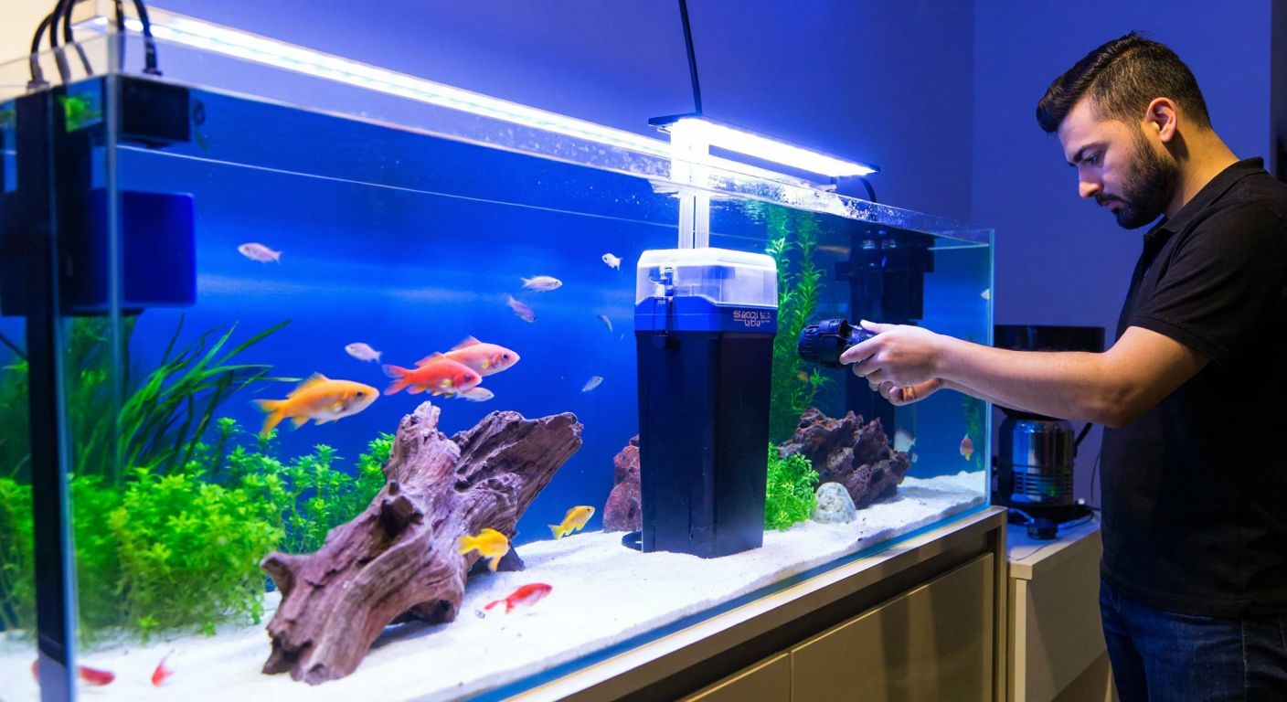 A vibrant aquarium filled with colorful fish, illuminated by a sleek Sobo-branded filter and air pump, with a Turkish aquarist in a cozy pet shop carefully adjusting the equipment.