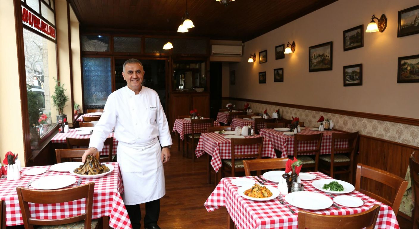 A cozy, old-fashioned Turkish restaurant in Ankara's Ulus district, with wooden tables, checkered tablecloths, steaming plates of traditional dishes, and an elderly chef in a white apron smiling warmly.
