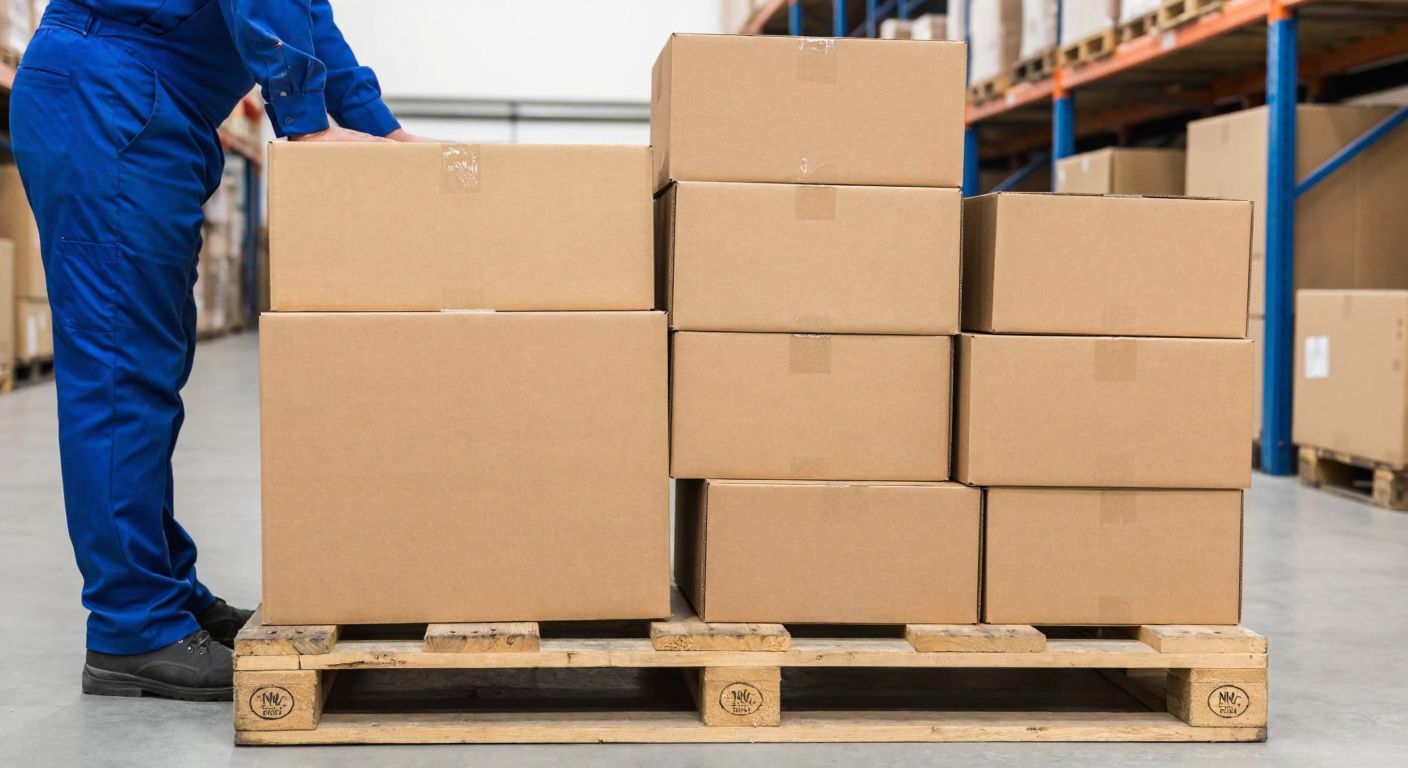 A stack of cardboard boxes in varying sizes—small, medium, large, and extra-large—arranged neatly on a wooden pallet in a Turkish warehouse, with a worker in a blue uniform inspecting them.