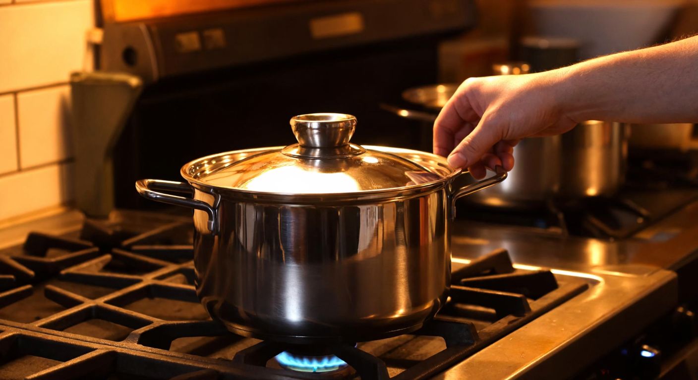 A gleaming stainless steel pot with a thick base sits on a stovetop in a Turkish kitchen, reflecting warm light while a hand tests its sturdy handle.