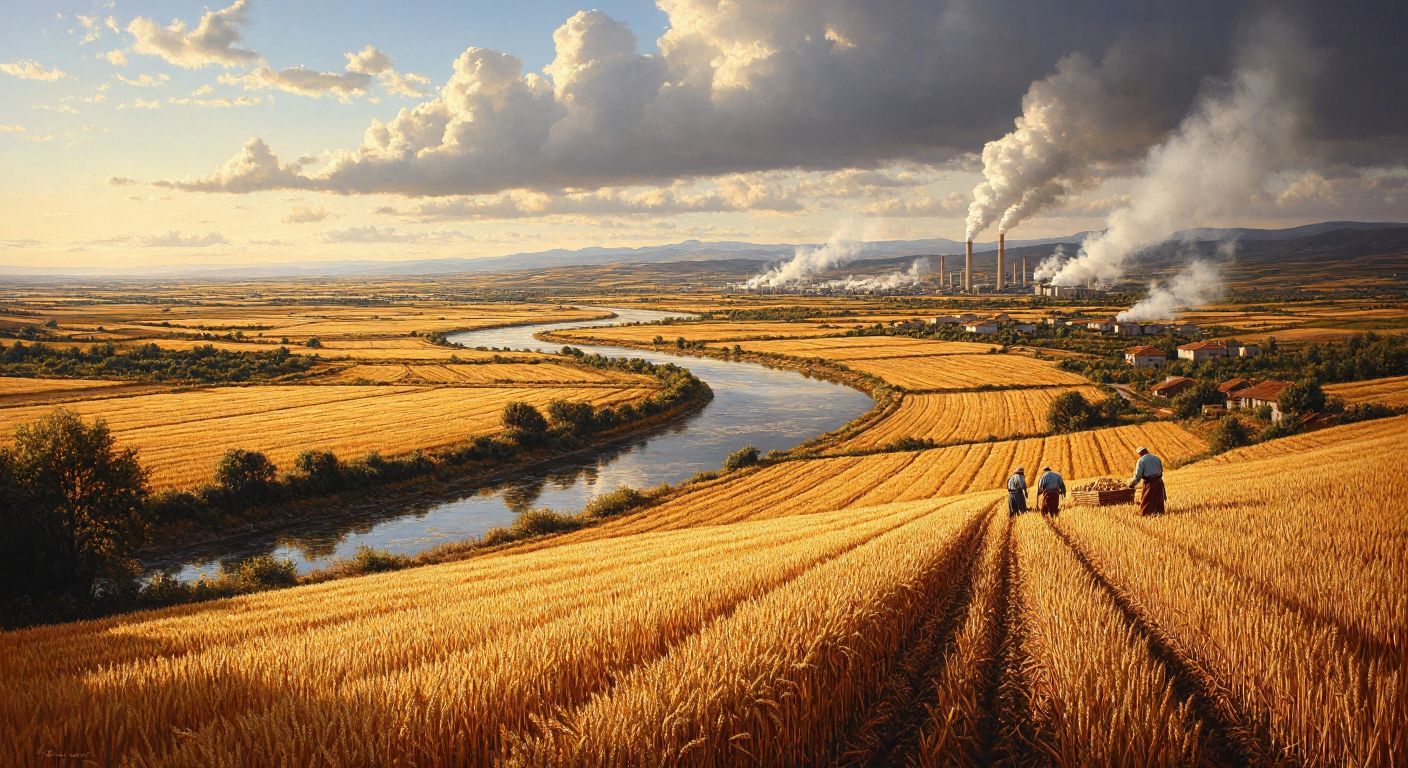 A vast, sunlit agricultural plain in Turkey's Thrace region, with golden wheat fields stretching to the horizon, a winding river reflecting the sky, and distant factories emitting faint smoke, while farmers in traditional attire work the fertile soil.