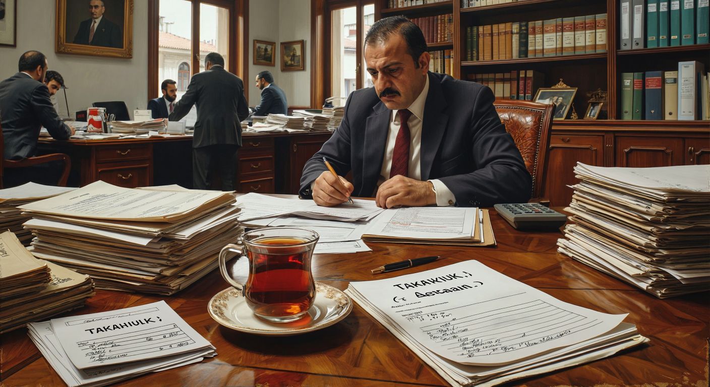 A Turkish accountant in a bustling Istanbul office compares a handwritten ledger (representing *tahakkuk*) with a printed invoice (representing *fatura*), surrounded by stacks of paperwork and a steaming cup of Turkish tea.