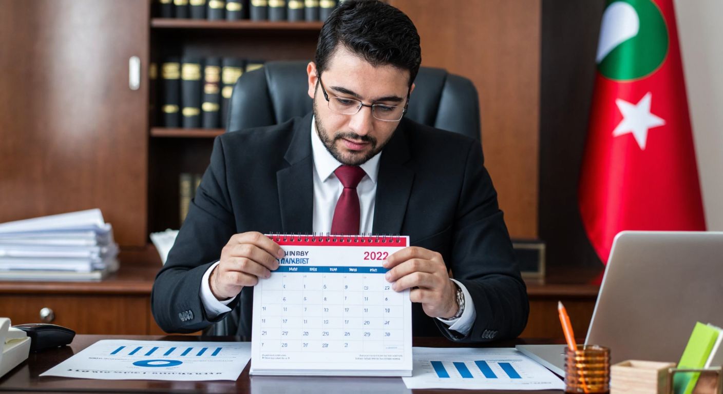 A Turkish accountant in a formal office setting reviews financial documents with a calendar marked at January 2022, surrounded by charts showing inflation trends and seasonal tax periods.