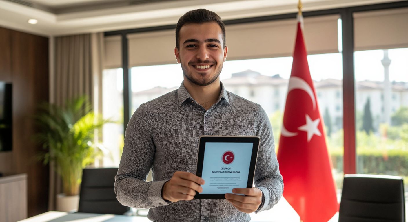 A young Turkish professional in a neat shirt smiles proudly while holding up a digital certificate on a glowing tablet, standing in a sunlit government office with a Turkish flag in the background.