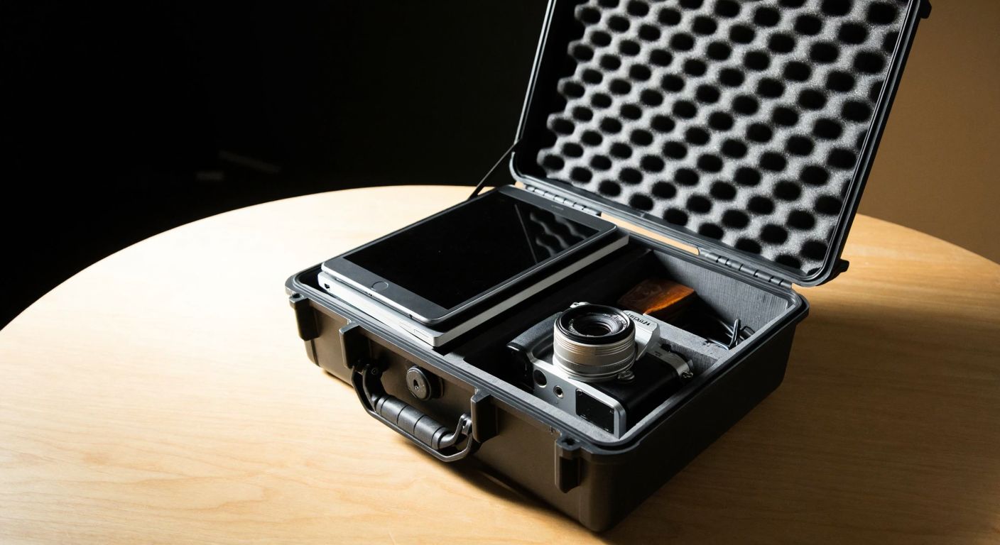 A sturdy black hard case with foam padding sits open on a wooden table, revealing a neatly arranged laptop, camera, and guitar inside, surrounded by soft lighting that highlights their protection.