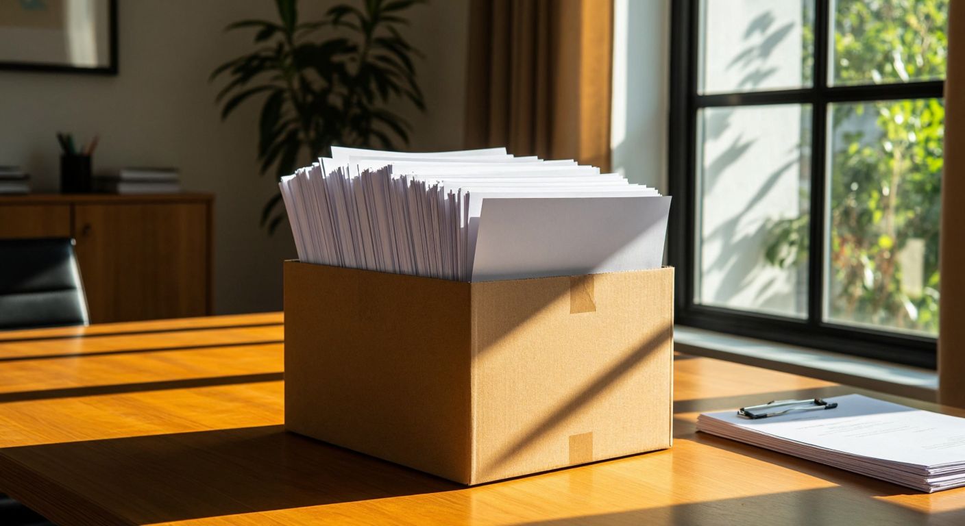A sturdy brown cardboard document box filled to the brim with neatly stacked white A4 papers, placed on a wooden desk in a Turkish office with a warm sunlight streaming through the window.