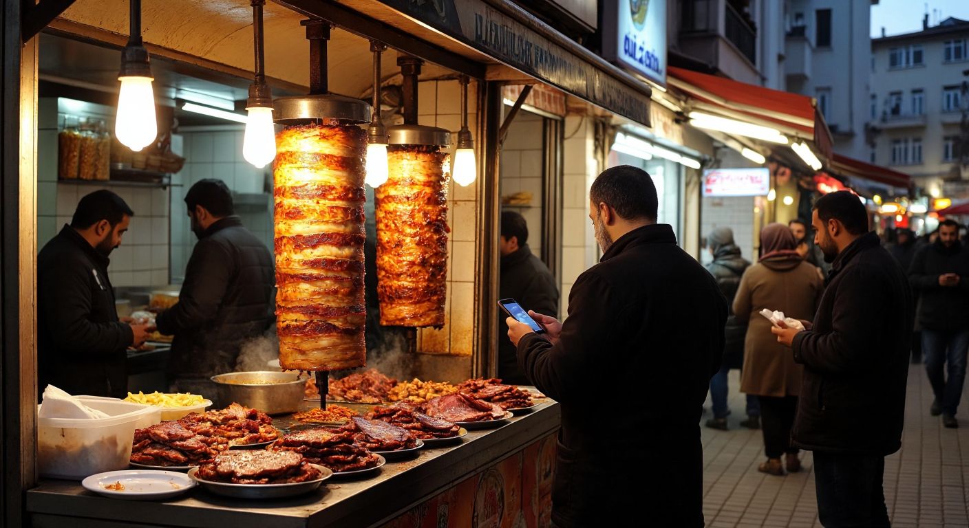 A bustling Turkish street scene with a person holding a smartphone, standing near a vibrant dönerci shop where golden-brown rotating meat glistens under warm lights, surrounded by locals chatting and enjoying plates of döner.