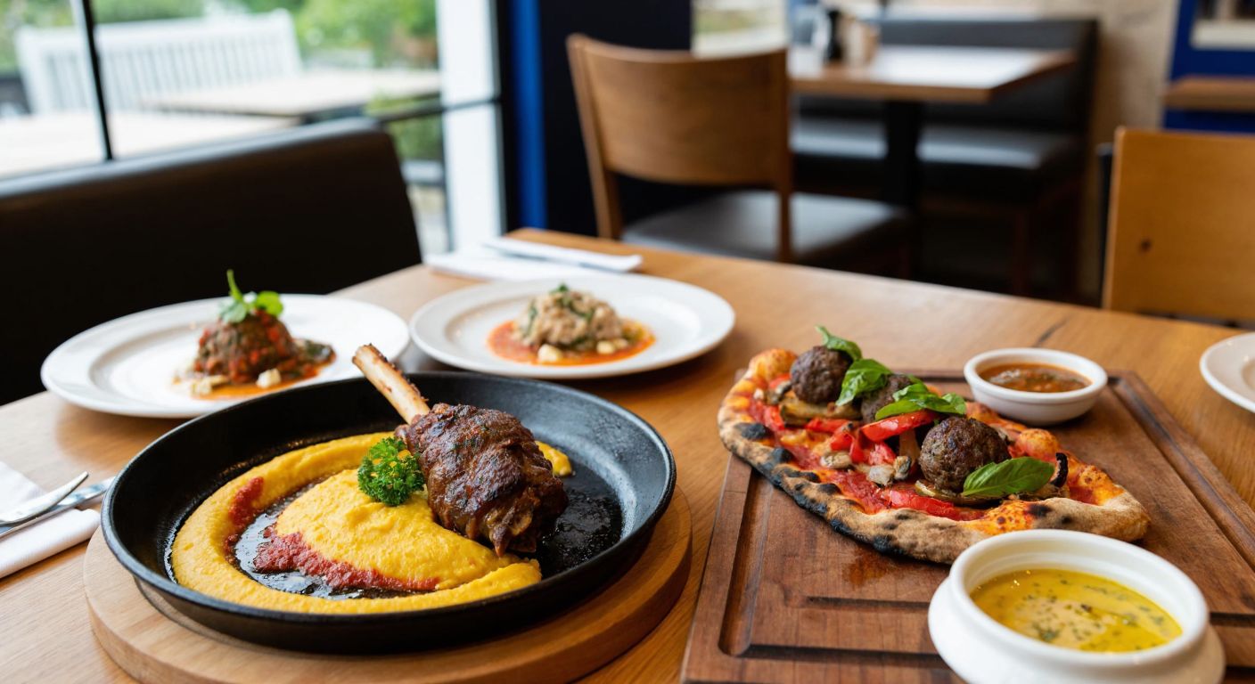 A rustic wooden table in a cozy Aegean-style restaurant, laden with sizzling lamb shank on saffron-infused wheat keşkek, juicy Fermaki meatballs with eggplant purée, and a wood-fired pizza topped with fresh vegetables, evoking warmth and rich Turkish flavors.