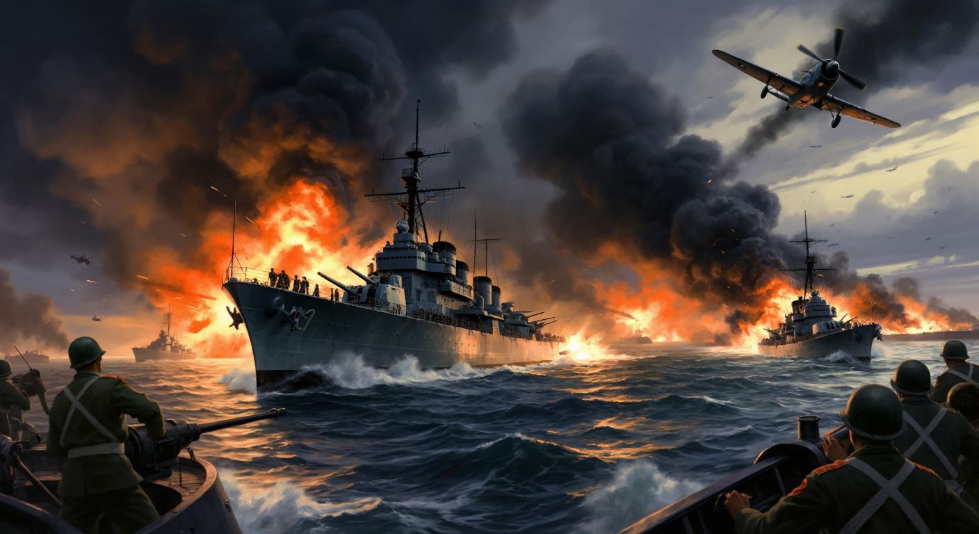 A dramatic naval battle scene in the Pacific Ocean, with American and Japanese warships exchanging fire under a smoke-filled sky, aircraft diving amidst explosions, and sailors scrambling on decks, conveying the pivotal turning point of the Battle of Midway.