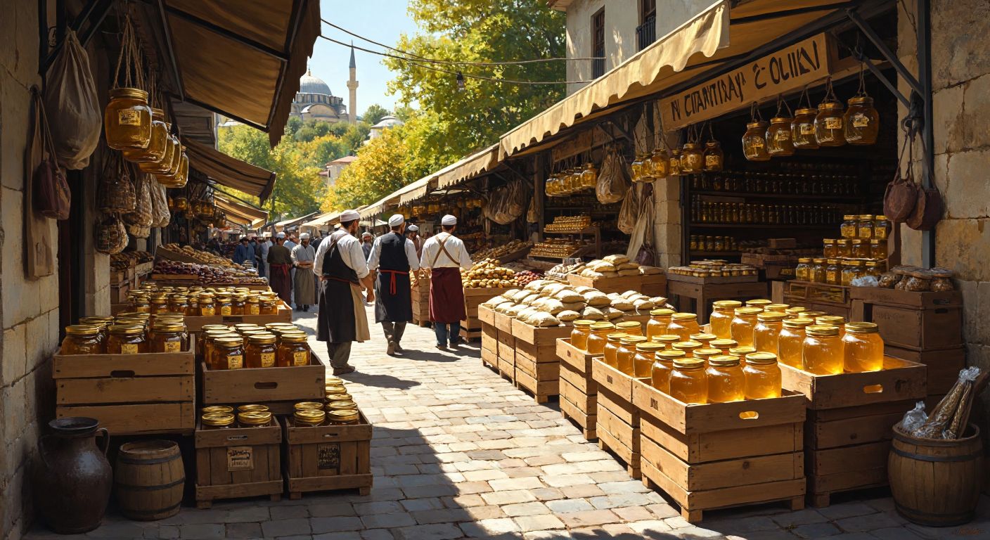 A bustling Turkish marketplace with wooden crates overflowing with golden honey jars, sacks of malt, and bottles of vinegar, surrounded by merchants in aprons negotiating deals under a sunlit canopy.