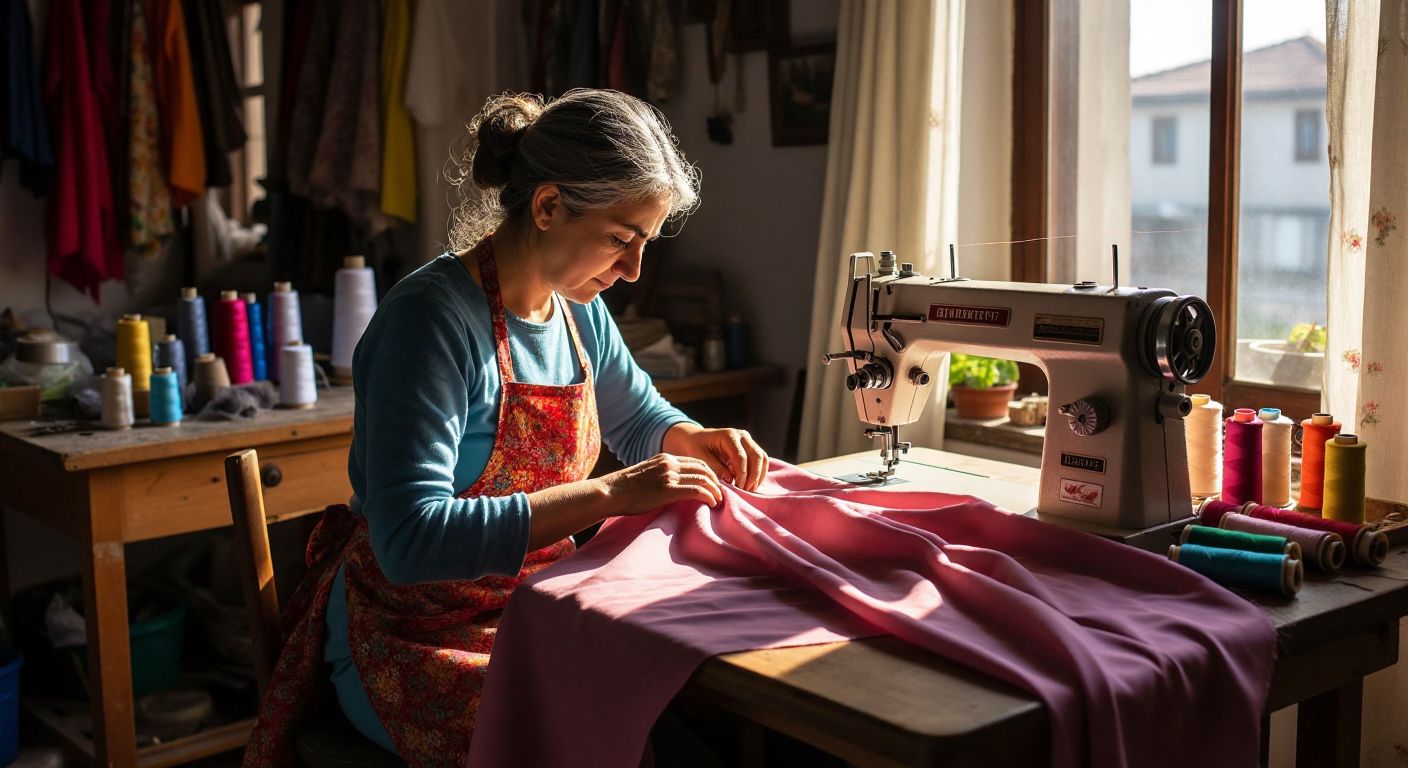 A Turkish seamstress in a sunlit atelier compares two sewing machines—one stitching a straight line on plain fabric, the other creating a zigzag pattern on stretchy material, with colorful spools of thread nearby.