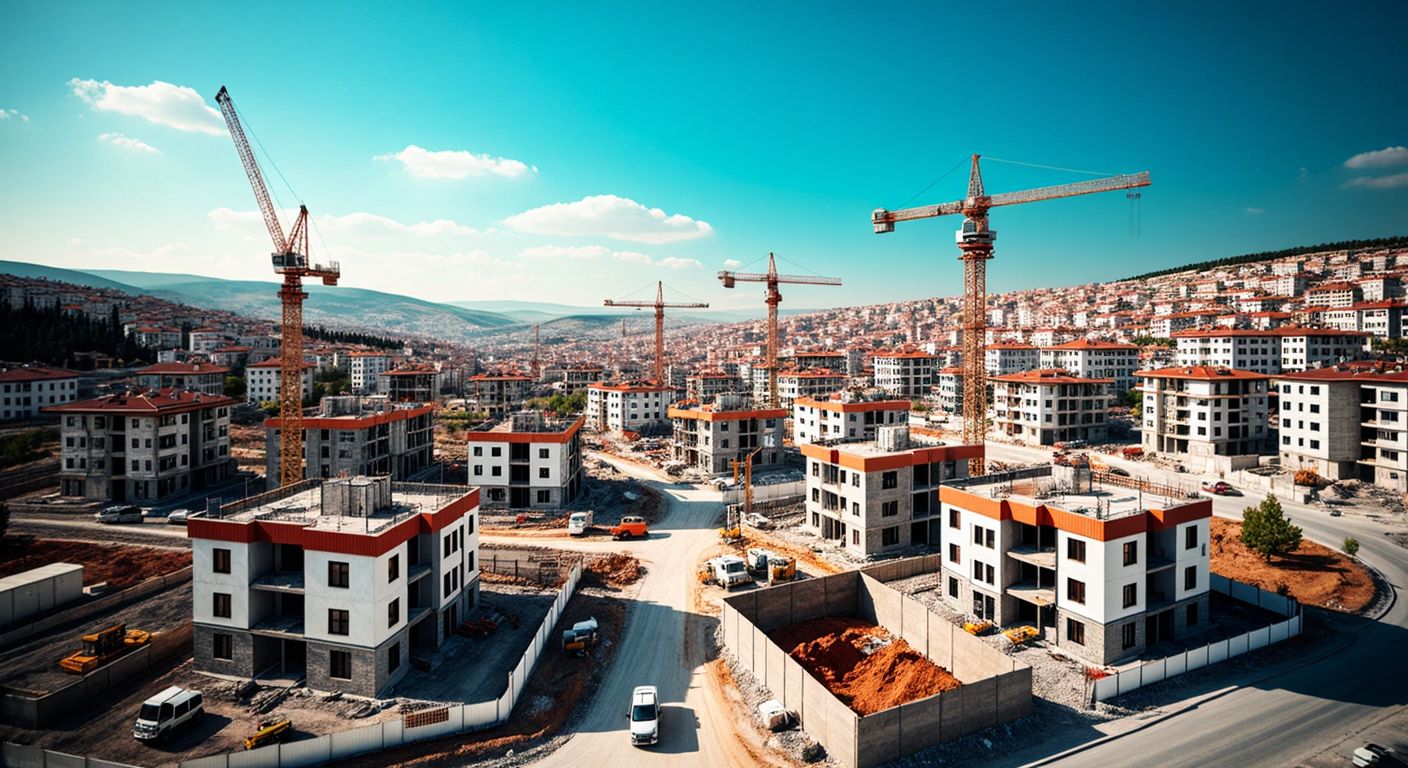 A vibrant aerial view of Turkey’s diverse landscape dotted with construction sites and half-built houses, with clusters of cranes and workers in hard hats bustling in cities like Istanbul, Ankara, and Konya under a bright blue sky.