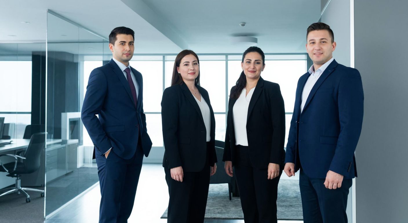 A modern Turkish bank office with well-dressed professionals in formal attire, standing confidently in a sleek corporate setting with glass partitions and a Yapı Kredi logo subtly visible in the background.