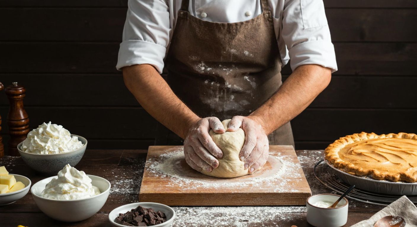 A Turkish pastry chef in a flour-dusted apron kneads dough on a wooden counter, surrounded by bowls of whipped cream, chocolate shavings, and a golden meringue pie cooling nearby.
