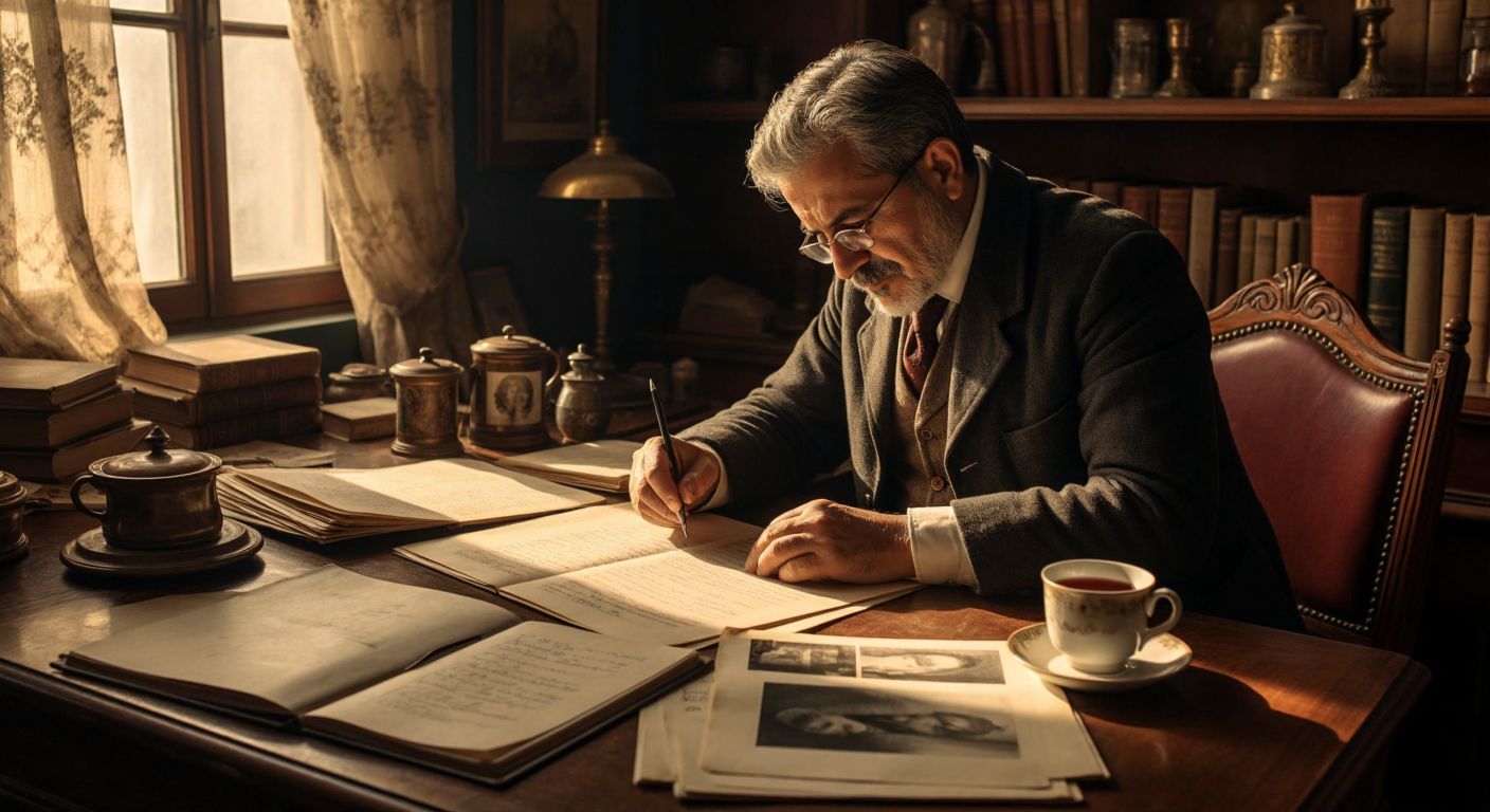 A middle-aged Turkish genealogist in a cozy study, carefully examining old family photographs and handwritten documents spread across a wooden desk, with a warm cup of çay beside them.
