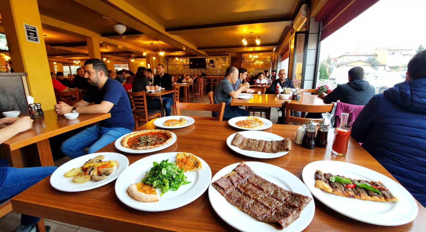 A bustling Turkish kebab restaurant in İçmeler Mahallesi, Tuzla, with steaming plates of etli pide and kebabs on wooden tables, surrounded by locals chatting warmly under warm yellow lighting.