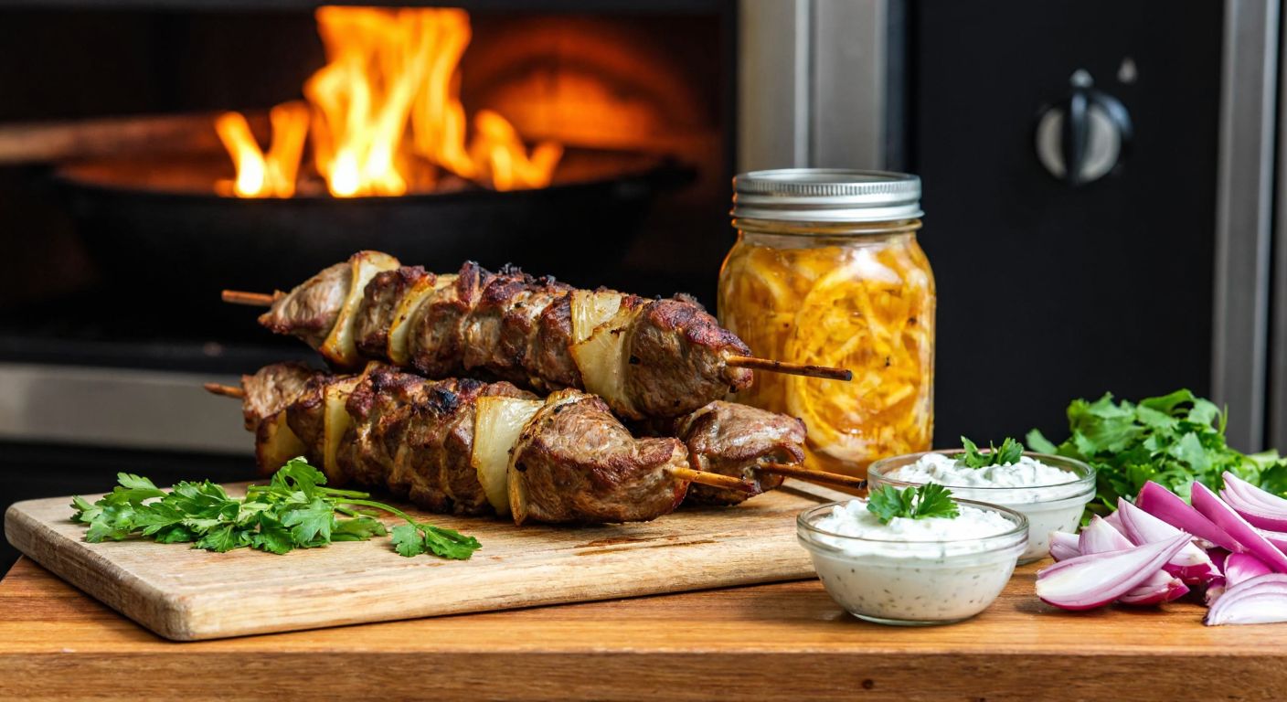 A rustic wooden table in a Turkish kitchen holds a glass jar filled with golden-brown cağ kebabı, surrounded by fresh ingredients like marinated lamb, yogurt, and onions, with a warm glow from a nearby stove.