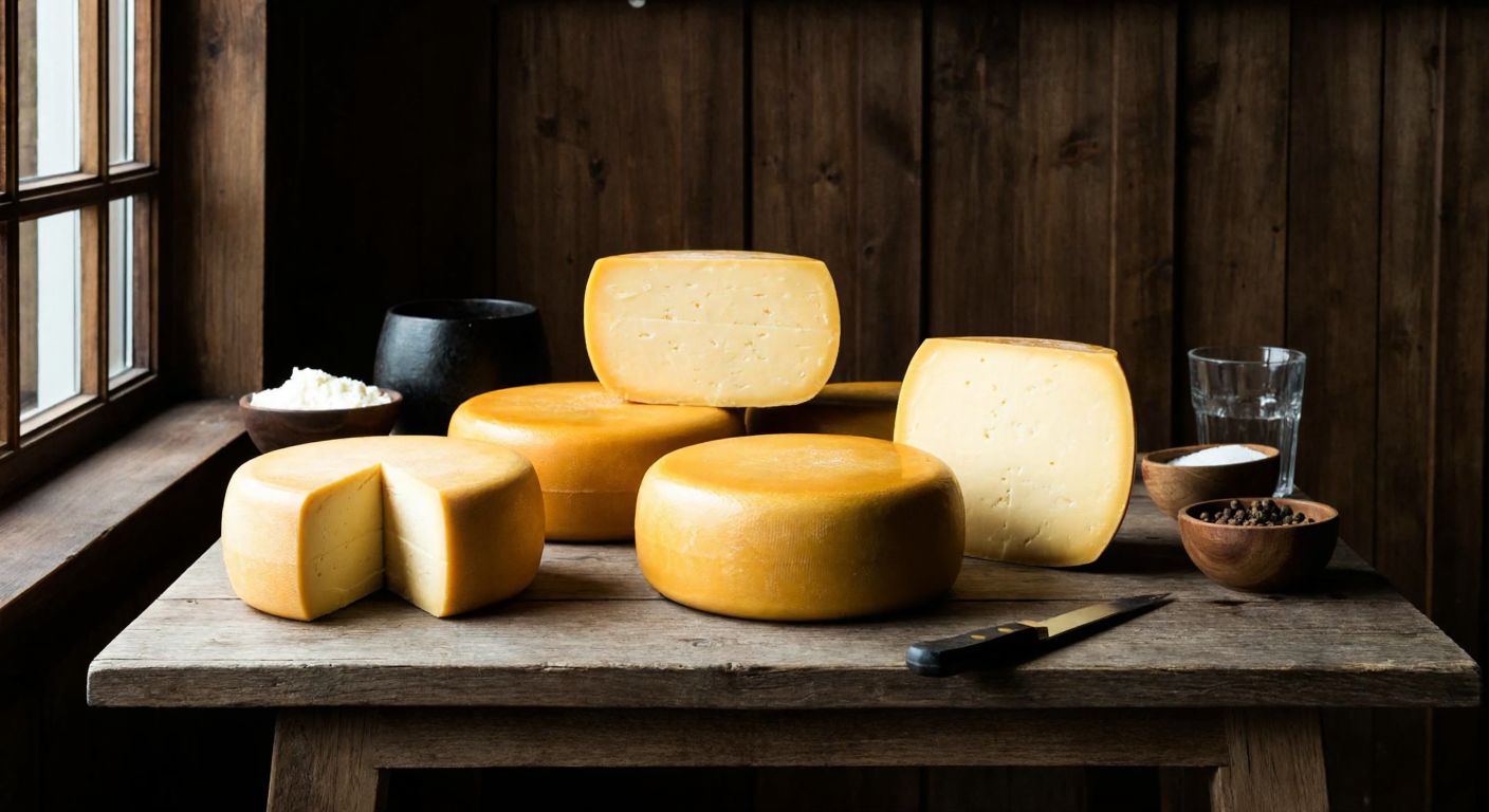 A rustic wooden table in a cozy Dutch farmhouse setting holds several wheels of Gouda cheese—some golden and smooth, others dark and smoky—with a knife resting beside them, evoking warmth and rich flavor.