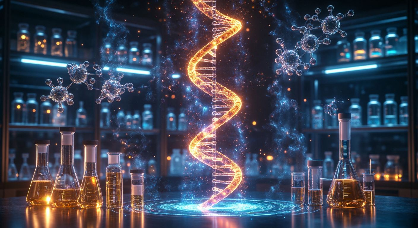 A glowing double helix of DNA surrounded by abstract representations of physical mutagens (rays of light and heat waves) and chemical mutagens (colorful molecular structures and vials of reactive substances), set against a dark laboratory backdrop.