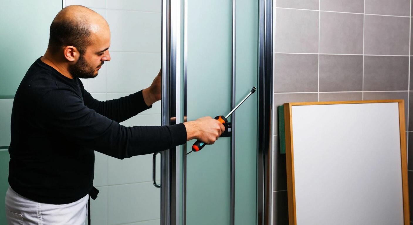 A person in a Turkish bathroom carefully removing a sliding shower cabin door with a screwdriver, while another panel leans against the tiled wall nearby.