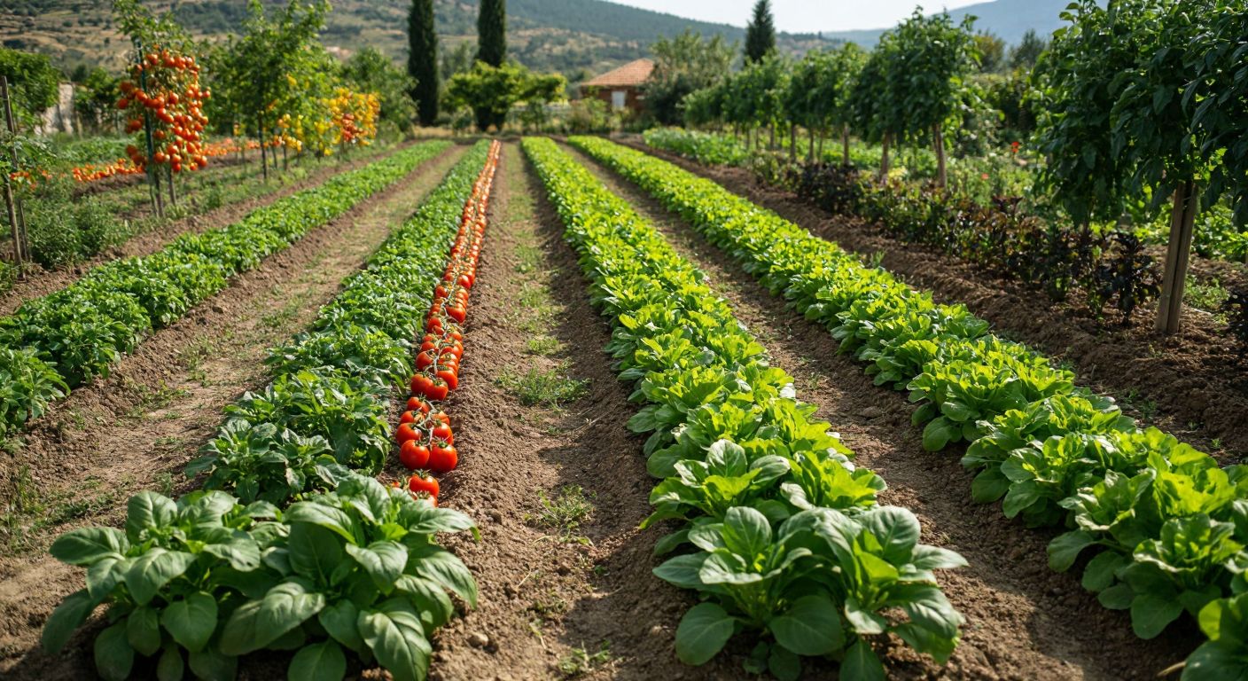 A sunlit Turkish garden with neatly divided plots of vibrant tomato and pepper plants, rows of leafy greens like lettuce in the shade, and a patch of fresh grass, all tended by hands in soil-stained gloves.