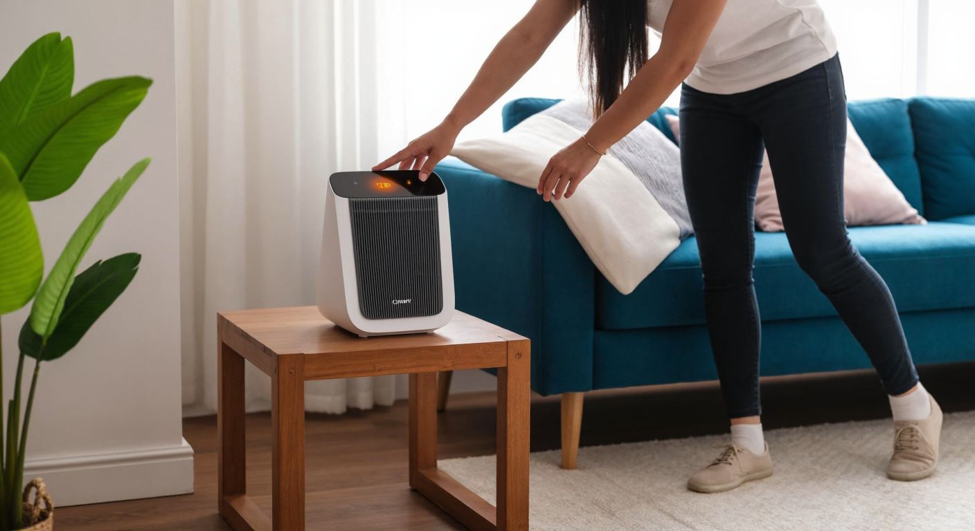 A modern Turkish home with a sleek Coway air purifier on a wooden side table, its indicator light glowing amber, while a person in casual home attire carefully removes a dusty HEPA filter to replace it.