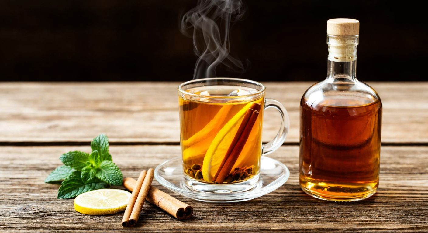 A steaming glass of herbal tea with dried mint, lemon peel, and cinnamon sticks beside a small bottle of amber-colored liquor on a rustic wooden table in a cozy Turkish home.
