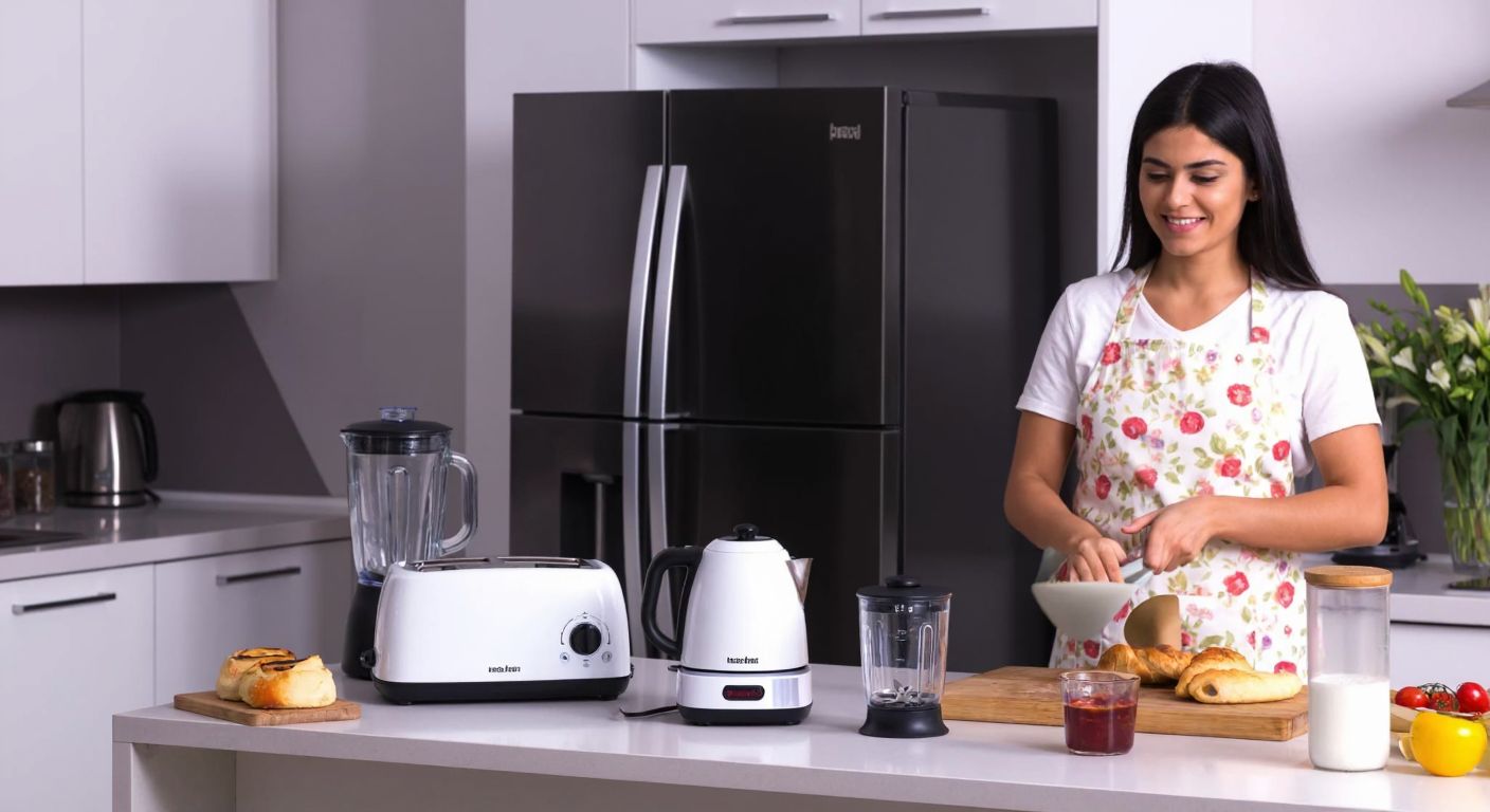 A bright, modern Turkish kitchen with a neatly arranged countertop displaying a blender, toaster, and electric kettle, while a refrigerator hums softly in the background and a woman in a floral apron smiles while using a mixer.