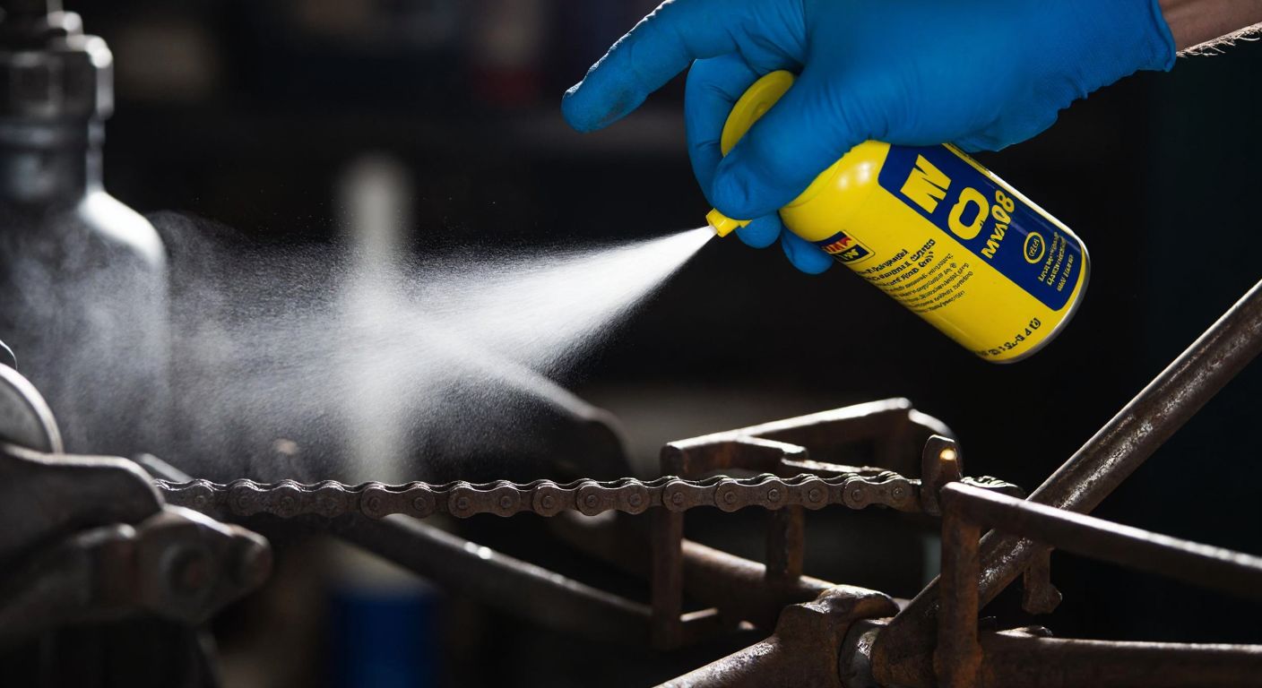 A close-up of a mechanic’s gloved hand spraying WD-40 onto a rusty bicycle chain in a dimly lit Turkish workshop, with droplets glistening on the metal.