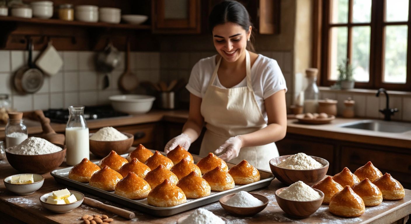 A warm Turkish kitchen with golden-brown şekerpare pastries on a tray, surrounded by bowls of flour, semolina, softened butter, sugar, eggs, and a glass of milk, with a smiling woman in an apron kneading dough.