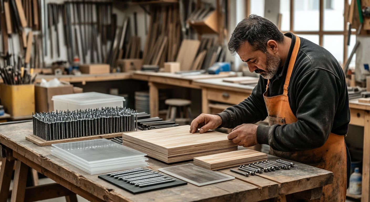 A craftsman in a Turkish woodworking shop carefully examines a selection of screws, wooden composite panels, and polycarbonate sheets laid out on a rustic wooden table.