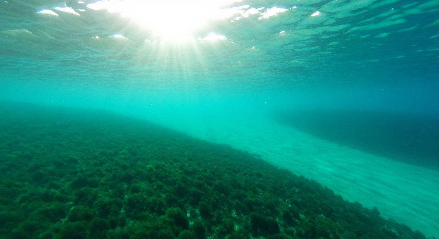 A vibrant underwater scene in the Aegean Sea, with sunlight filtering through turquoise water, illuminating countless microscopic green phytoplankton drifting like a glowing mist.