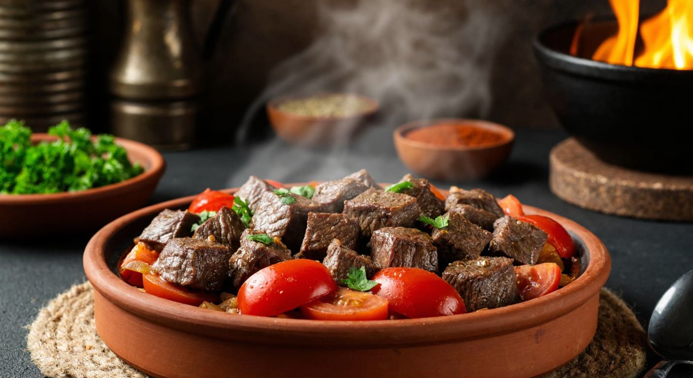A sizzling clay dish filled with tender cubes of beef, juicy tomatoes, and aromatic spices, steaming against a rustic Turkish kitchen backdrop.