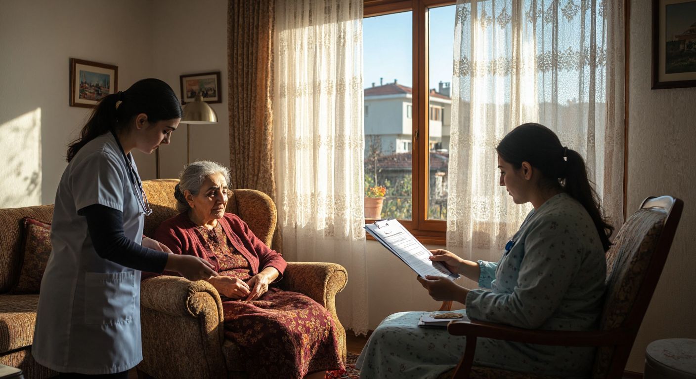 A warm Turkish living room with an elderly woman sitting comfortably in an armchair while a nurse checks her blood pressure, and a family member holds an insurance policy document nearby, all bathed in soft sunlight filtering through lace curtains.