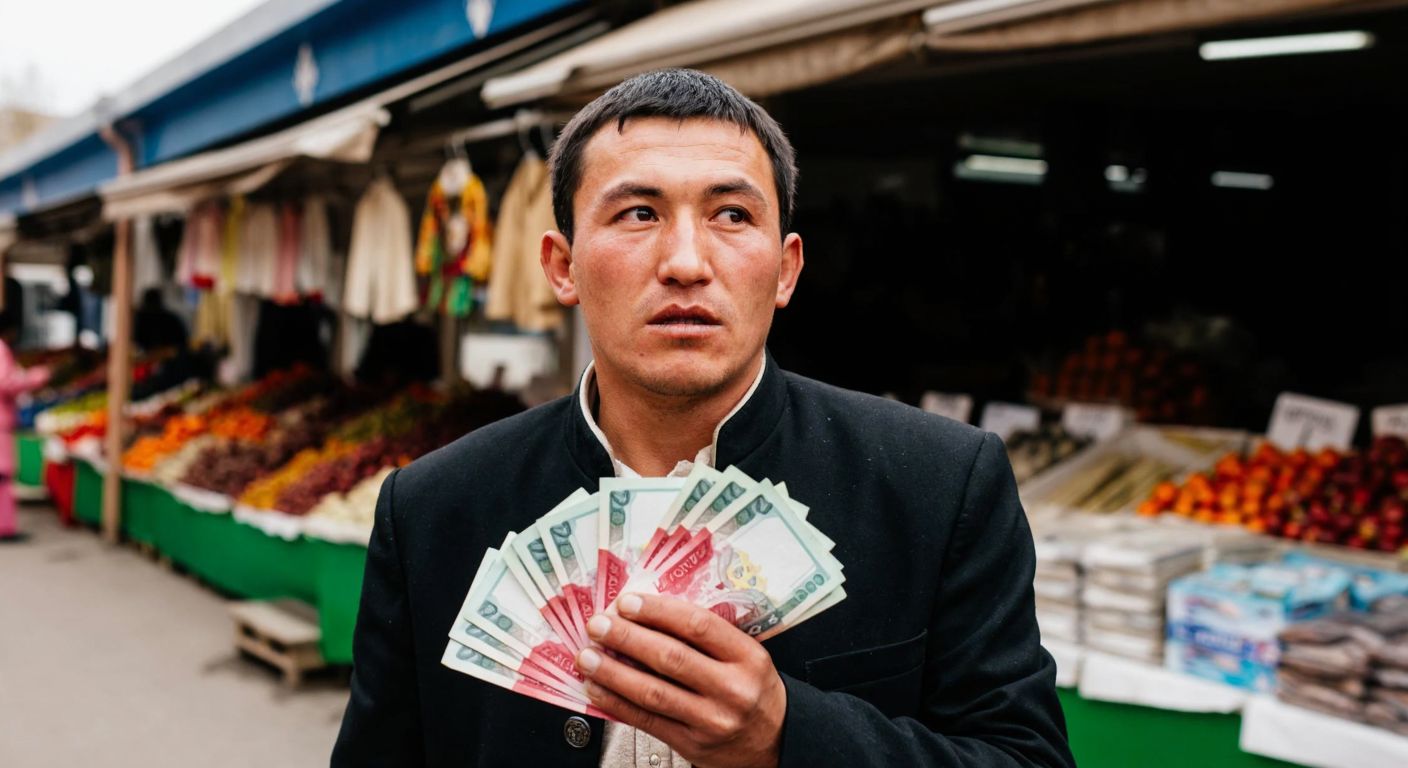 A Kyrgyz man in traditional clothing holding a stack of colorful banknotes, looking puzzled while standing in front of a market stall in Bishkek.